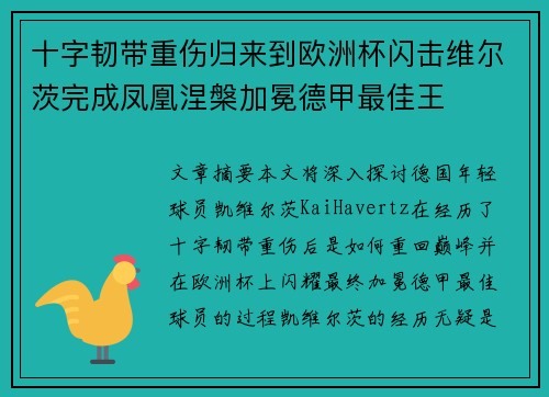 十字韧带重伤归来到欧洲杯闪击维尔茨完成凤凰涅槃加冕德甲最佳王
