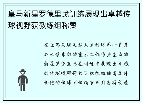 皇马新星罗德里戈训练展现出卓越传球视野获教练组称赞